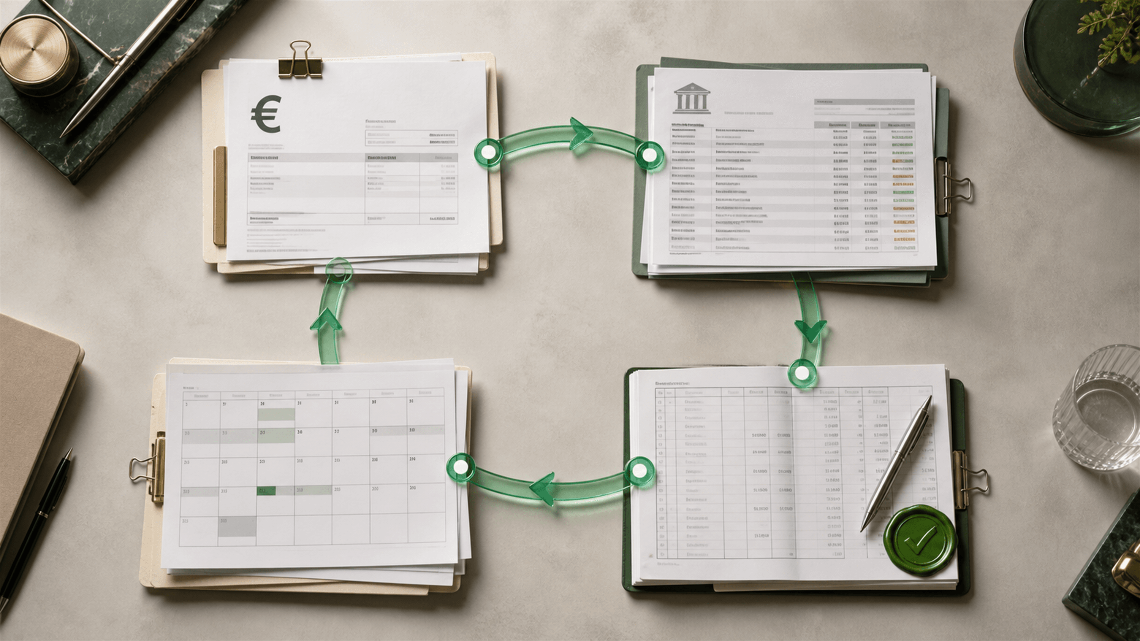 Cycle financier reliant facture, banque, trésorerie et comptabilité